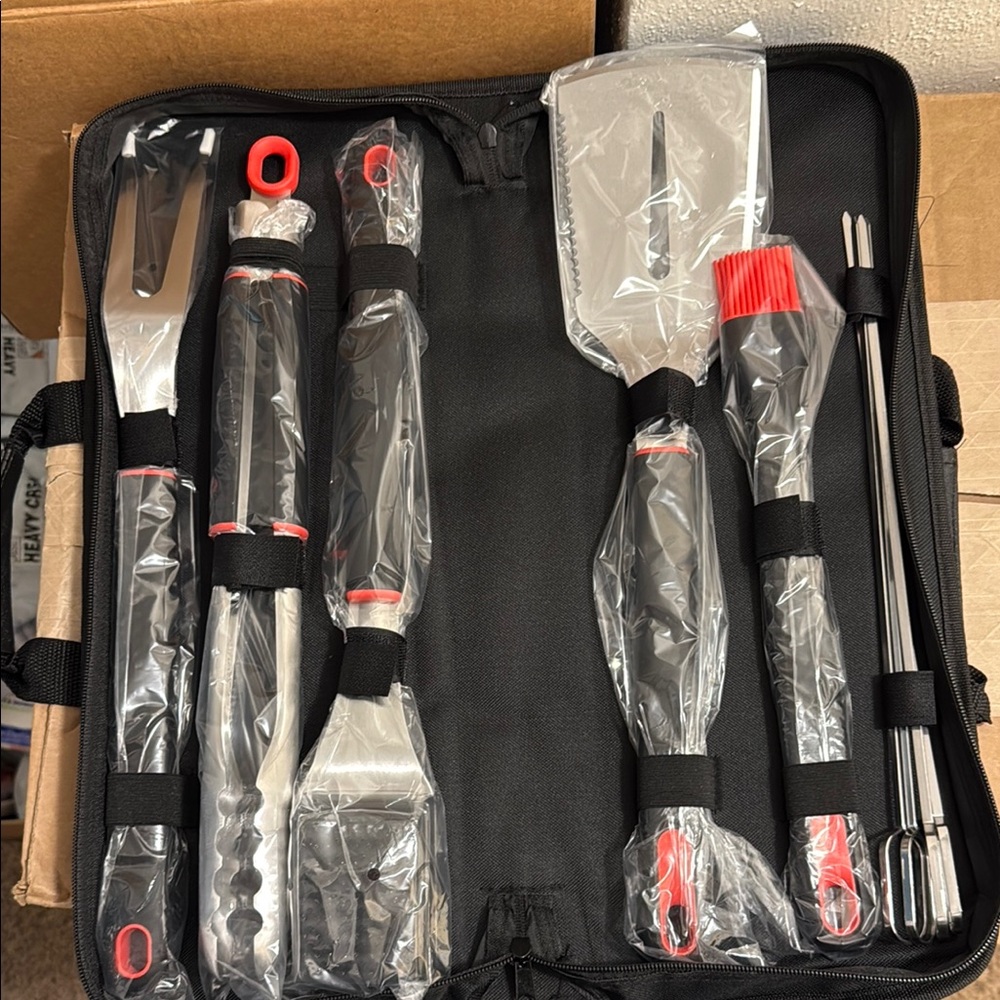 Source Unknown Black and Red BBQ Tool Set